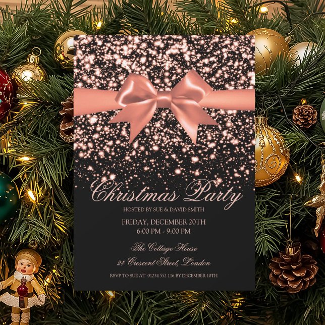 Convites Elegant Rose Gold Glam Red Bow Christmas Party  (Elegant Rose Gold Glam Red Bow Christmas Party Invitation)