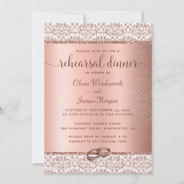 Convites Elegant Rose Gold Glitter Wedding Rehearsal Dinner (Frente)
