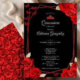 Convites Elegant Roses and Crown Red Quinceanera 