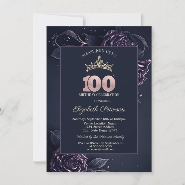 Convites Elegant Roses Dark Gothic 100th Birthday (Frente)