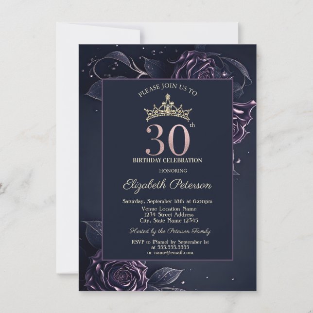 Convites Elegant Roses Dark Gothic 30th Birthday (Frente)