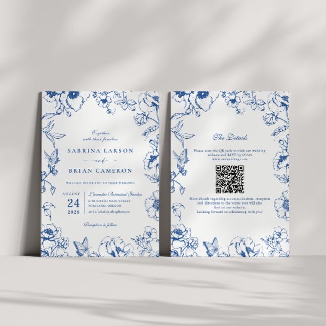 Convites Elegant Royal Blue Floral Garden QR Code Wedding (Criador carregado)