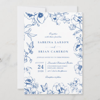 Convites Elegant Royal Blue Floral Garden Wedding Photo