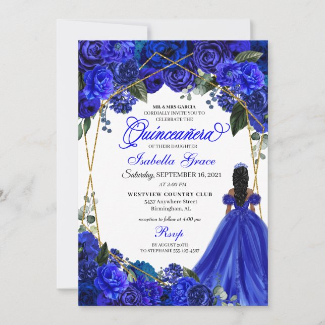 Convites Elegant Royal Blue Floral Quinceanera Birthday (Frente)