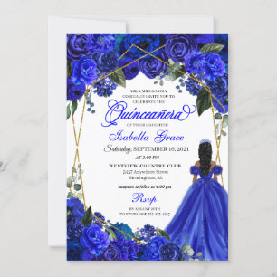 Convites Elegant Royal Blue Floral Quinceanera Birthday