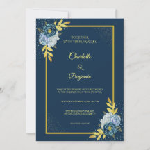 Elegant Royal Navy Gold Floral Wedding Invitation