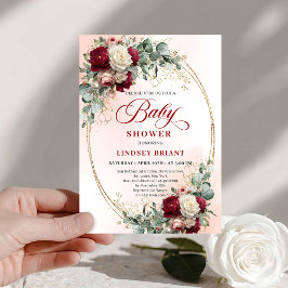 Convites Elegant Rustic Burgundy Floral Gold Baby Shower  
