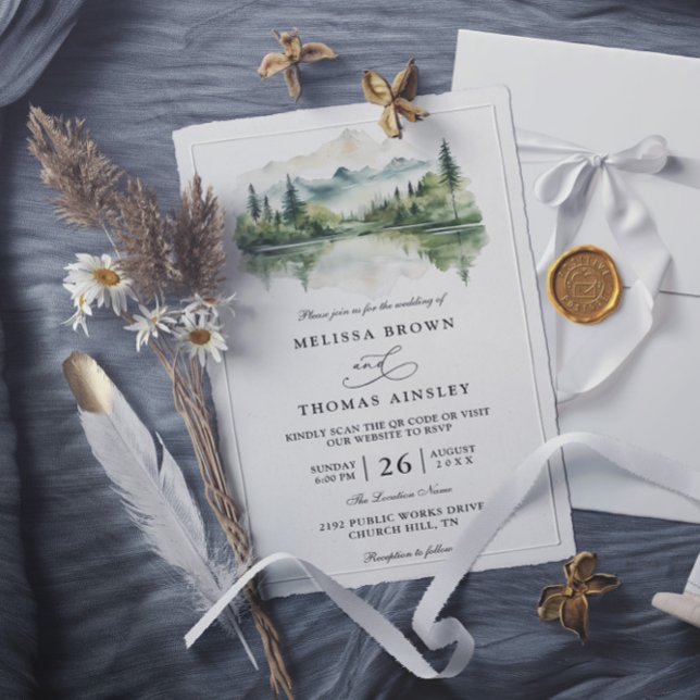 Convites Elegant Rustic Mountain Budget QR Code Wedding (Criador carregado)