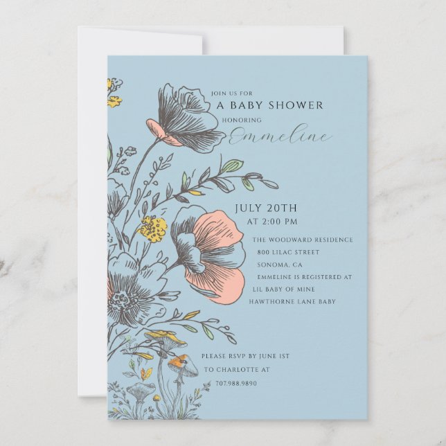 Convites Elegant Rustic Wildflower Blue Baby Shower  (Frente)