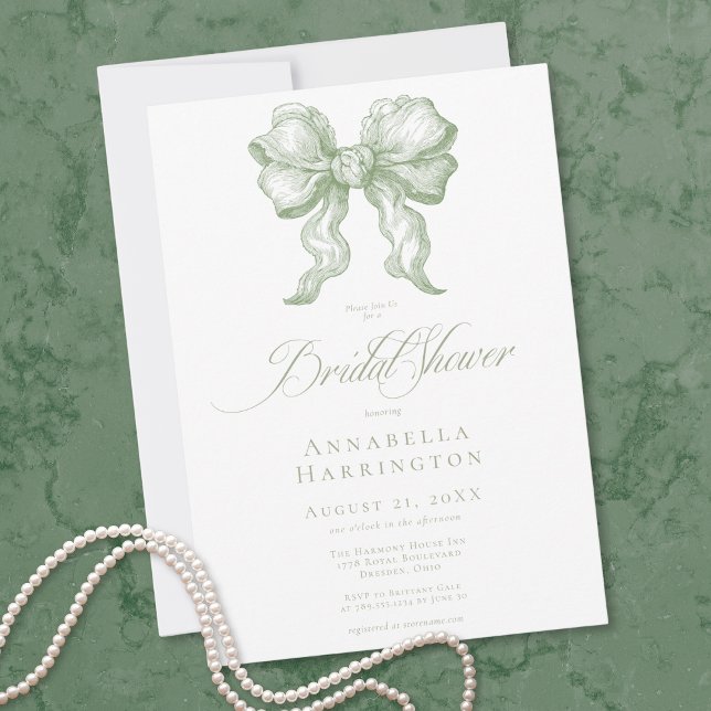 Convites Elegant Sage Bow Toile French Bridal Shower (Elegant Sage Bow Toile French Bridal Shower Invitation)