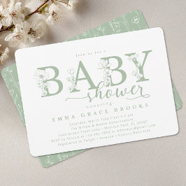 Convites Elegant Sage Floral Baby Shower Typography