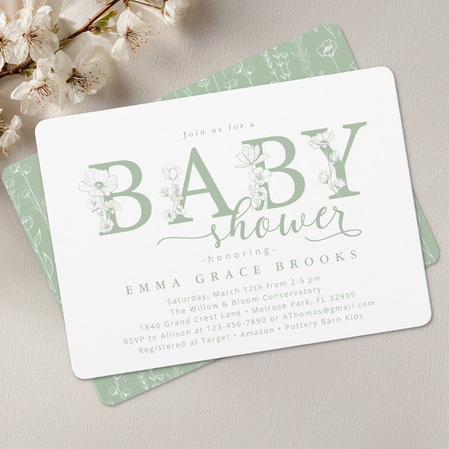 Convites Elegant Sage Floral Baby Shower Typography (Baby Shower Invite)