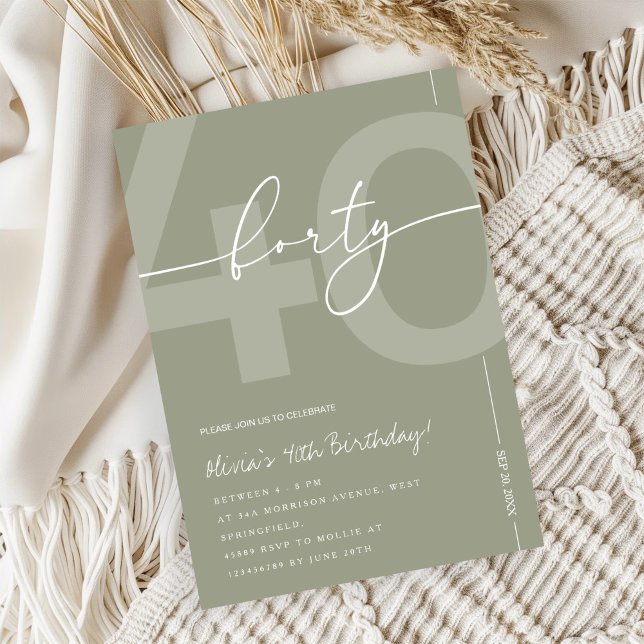 Convites Elegant Sage Green 40th Birthday Party (Criador carregado)