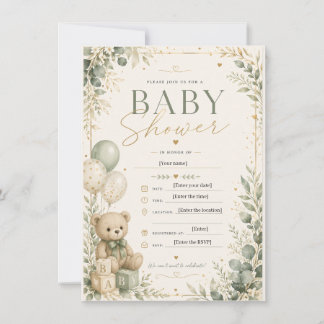 Convites Elegant Sage Green Baby Shower Invitation | Teddy