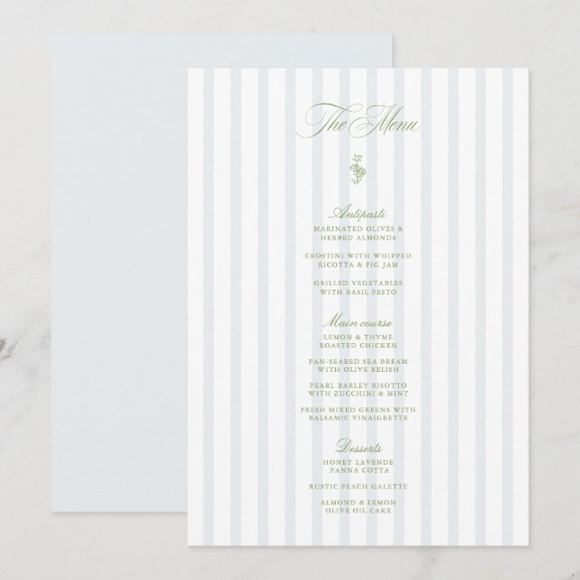 Convites Elegant Sage Green & Blue Striped Wedding Menu (Frente/Verso)
