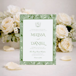 Convites Elegant Sage Green Botanical Crest Wedding