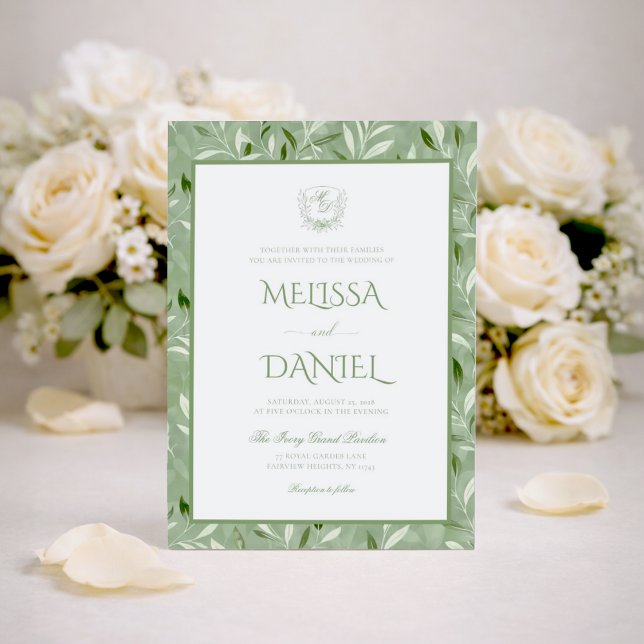Convites Elegant Sage Green Botanical Crest Wedding (Criador carregado)