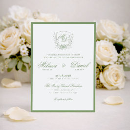 Convites Elegant Sage Green Botanical Crest Wedding
