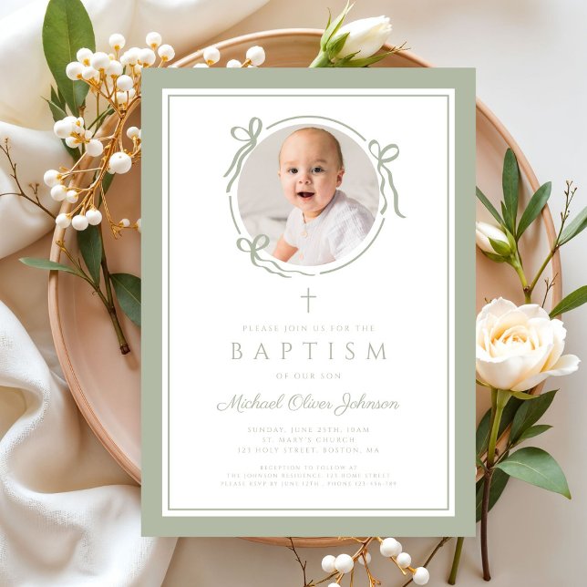 Convites Elegant Sage Green Bow Boy Photo Baptism (Elegant Sage Green Bow Boy Photo Baptism Invitation)