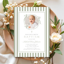 Convites Elegant Sage Green Bow Photo Boy Baptism
