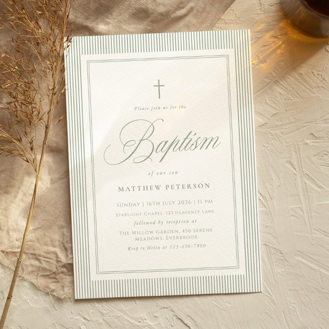 Convites Elegant Sage Green Calligraphy Baptism (Criador carregado)