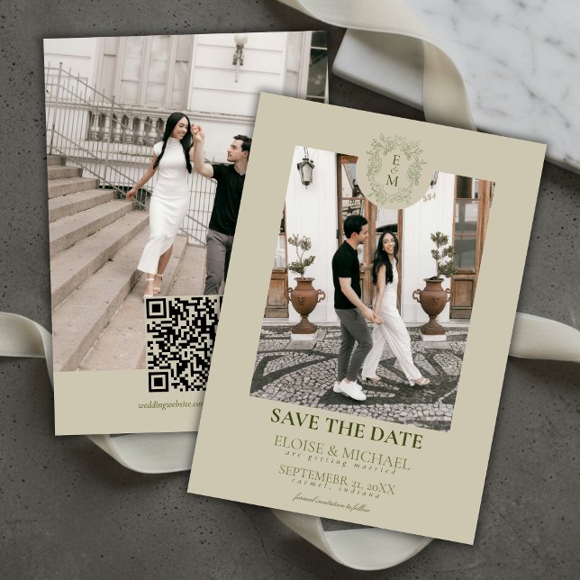 Convites Elegant Sage Green Crest Monogram Save The Date  (Elegant Sage Green Crest Monogram Save The Date Invitation)