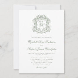 Convites Elegant Sage Green Crest Monogram Wedding
