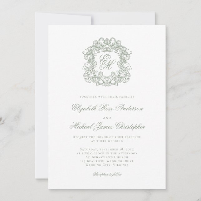 Convites Elegant Sage Green Crest Monogram Wedding (Frente)