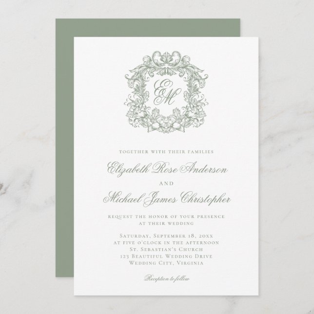 Convites Elegant Sage Green Crest Monogram Wedding (Frente/Verso)