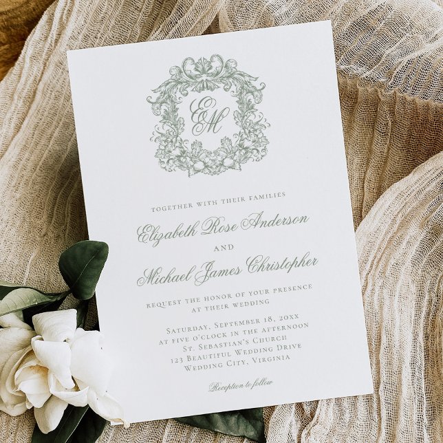 Convites Elegant Sage Green Crest Monogram Wedding (Criador carregado)