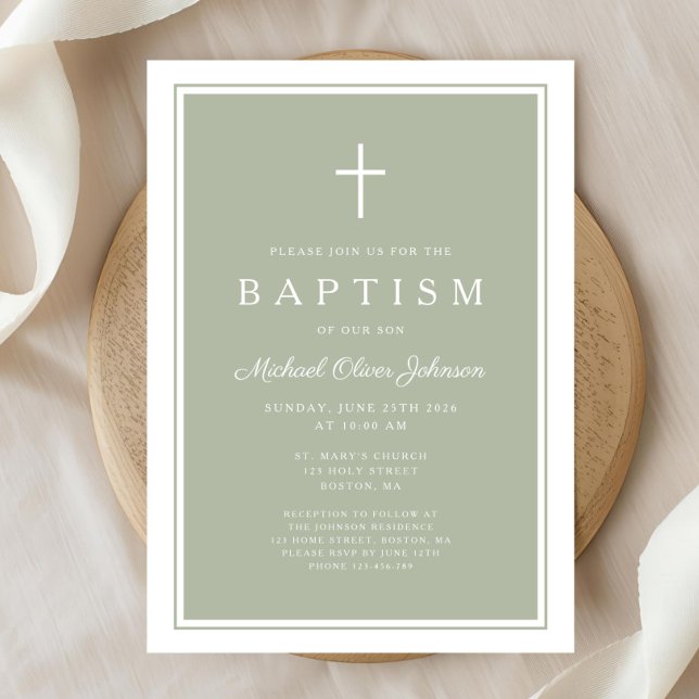 Convites Elegant Sage Green Cross Baby Boy Baptism (Elegant Sage Green Cross Baby Boy Baptism Invitation)