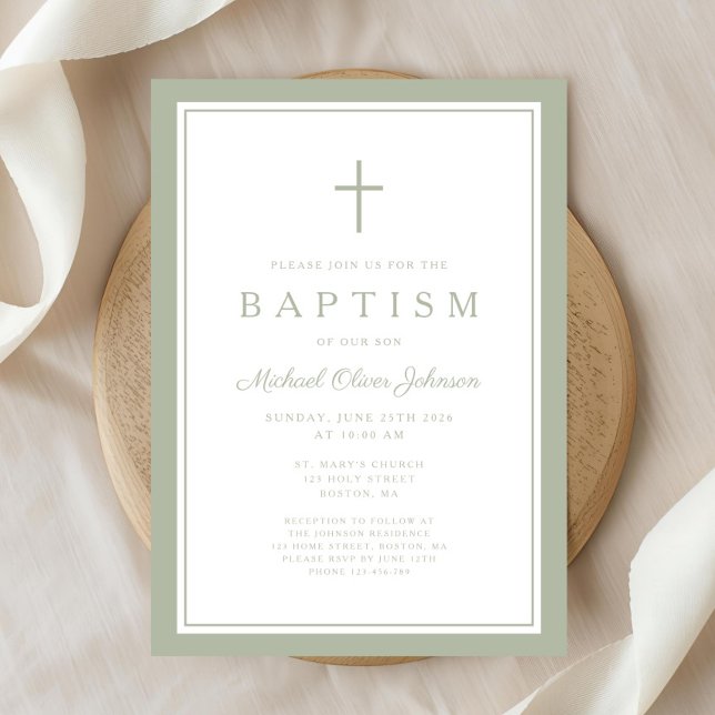 Convites Elegant Sage Green Cross Boy Baptism (Elegant Sage Green Cross Boy Baptism Invitation)