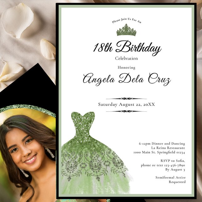 Convites Elegant sage green dress 18th birthday debut invit (Criador carregado)