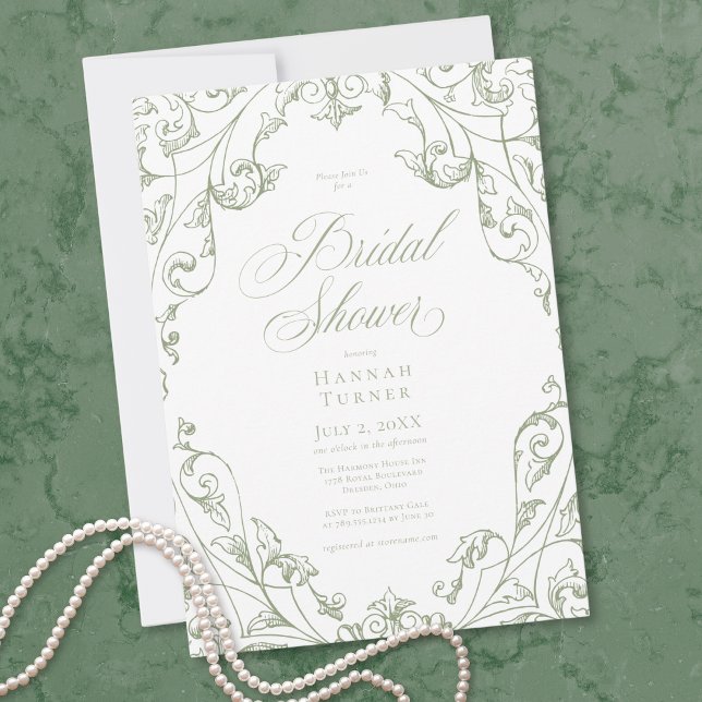 Convites Elegant Sage Green Floral Frame Bridal Shower (Elegant Sage Green Floral Frame Bridal Shower Invitation)