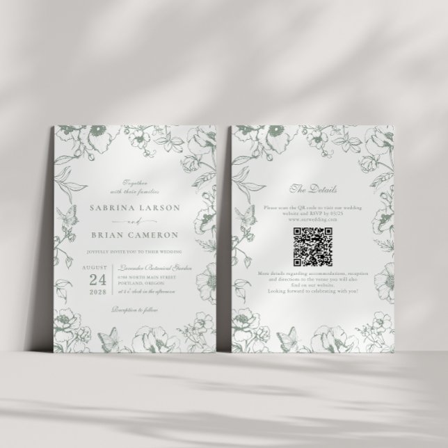 Convites Elegant Sage Green Floral Garden QR Code Wedding (Criador carregado)