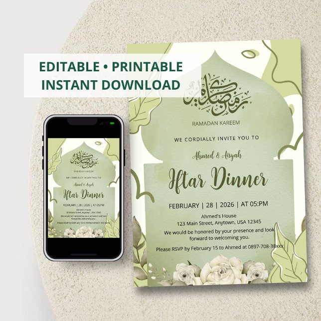 Convites Elegant Sage Green Floral Iftar Dinner Invitation (Criador carregado)
