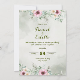 Convites Elegant Sage Green Floral Watercolor Wedding Invi
