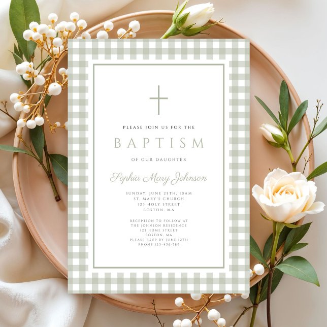 Convites Elegant Sage Green Gingham Girl Baptism (Elegant Sage Green Gingham Girl Baptism Invitation)
