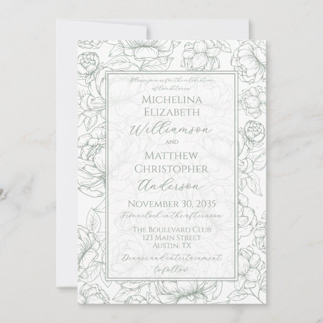 Convites Elegant Sage Green Hand-Drawn Floral Wedding  Invi (Frente)