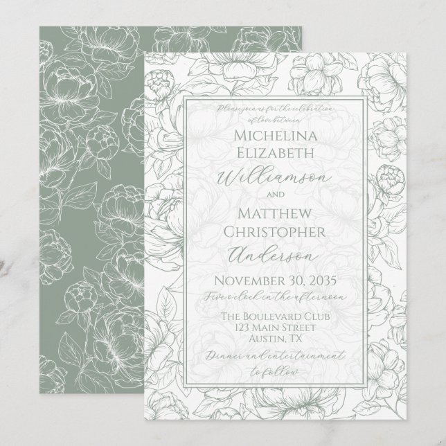 Convites Elegant Sage Green Hand-Drawn Floral Wedding  Invi (Frente/Verso)