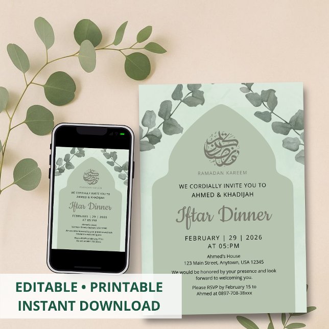 Convites Elegant Sage Green Islamic Arch Iftar Dinner (Criador carregado)