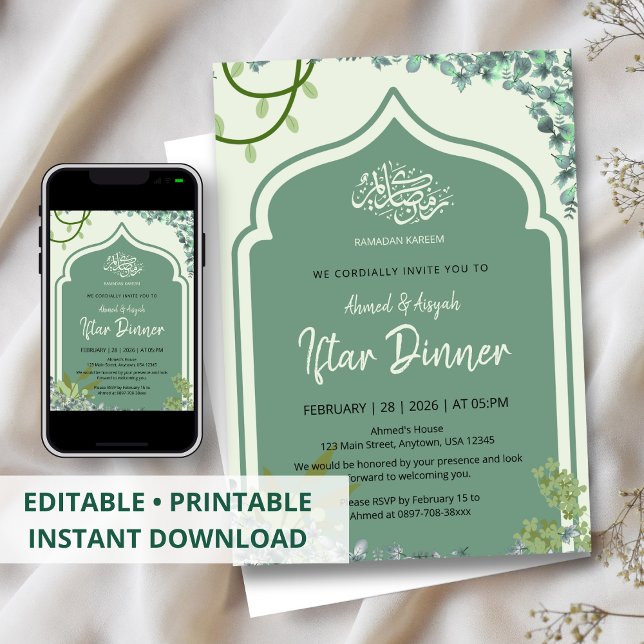 Convites Elegant Sage Green Islamic Arched Iftar Dinner (Criador carregado)