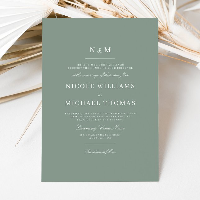 Convites Elegant Sage Green Monogram Classic Wedding (Criador carregado)