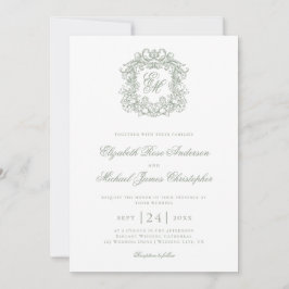 Convites Elegant Sage Green Monogram Crest Wedding