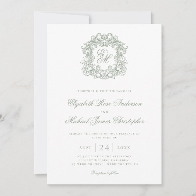 Convites Elegant Sage Green Monogram Crest Wedding (Frente)