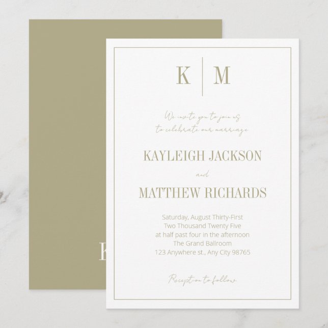 Convites Elegant Sage Green Monogram Wedding  (Frente/Verso)