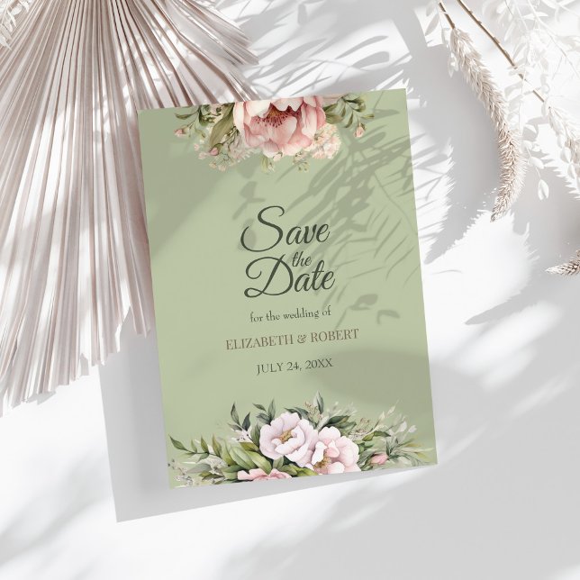 Convites Elegant Sage Green Peony Floral Save the Date Card (Elegant Sage Green Peony Floral Save the Date Card on a sunny table with dry white botanicals)