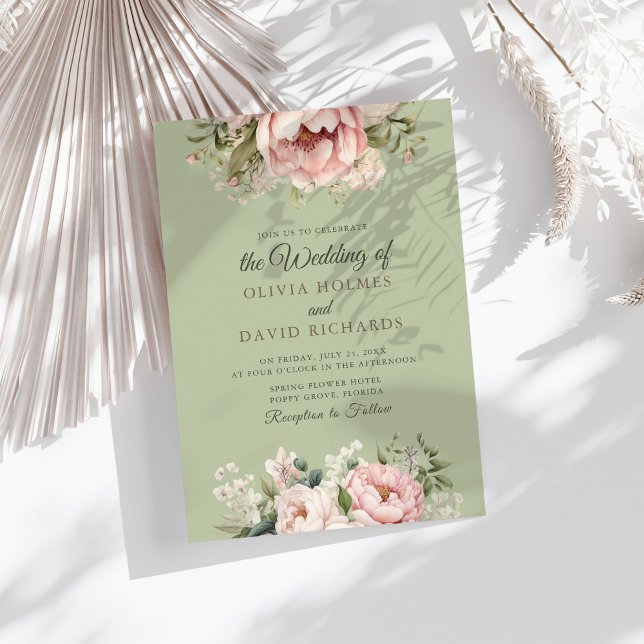 Convites Elegant Sage Green Peony Floral Wedding Invitation (Elegant Sage Green Peony Floral Wedding Invitation on a sunny table with dry white botanicals)