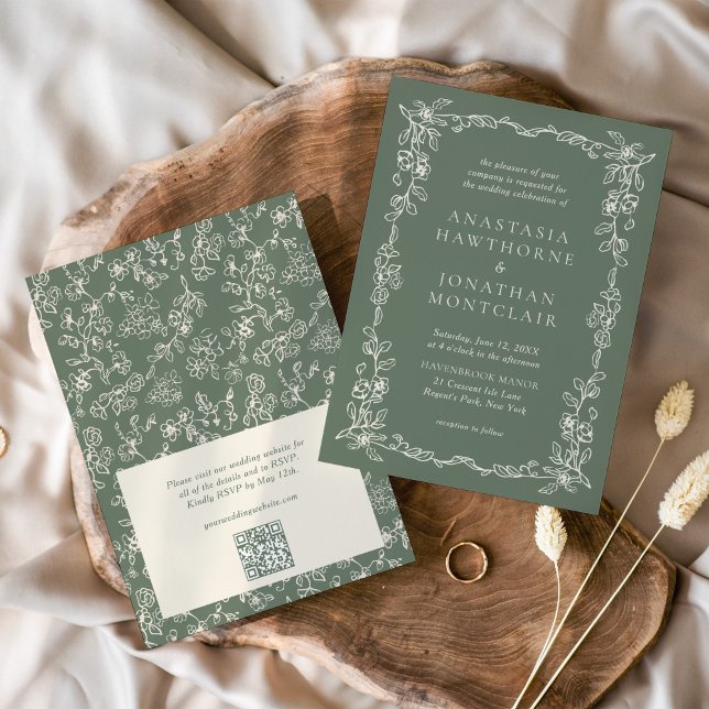 Convites Elegant Sage Green QR Code RSVP Victorian Wedding (Criador carregado)