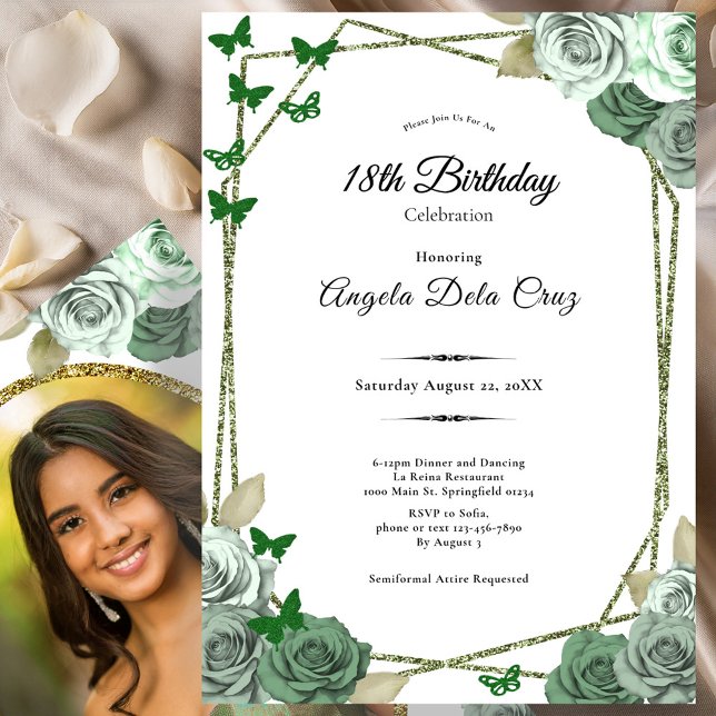 Convites Elegant Sage Green Rose 18th Birthday Debut  (Criador carregado)